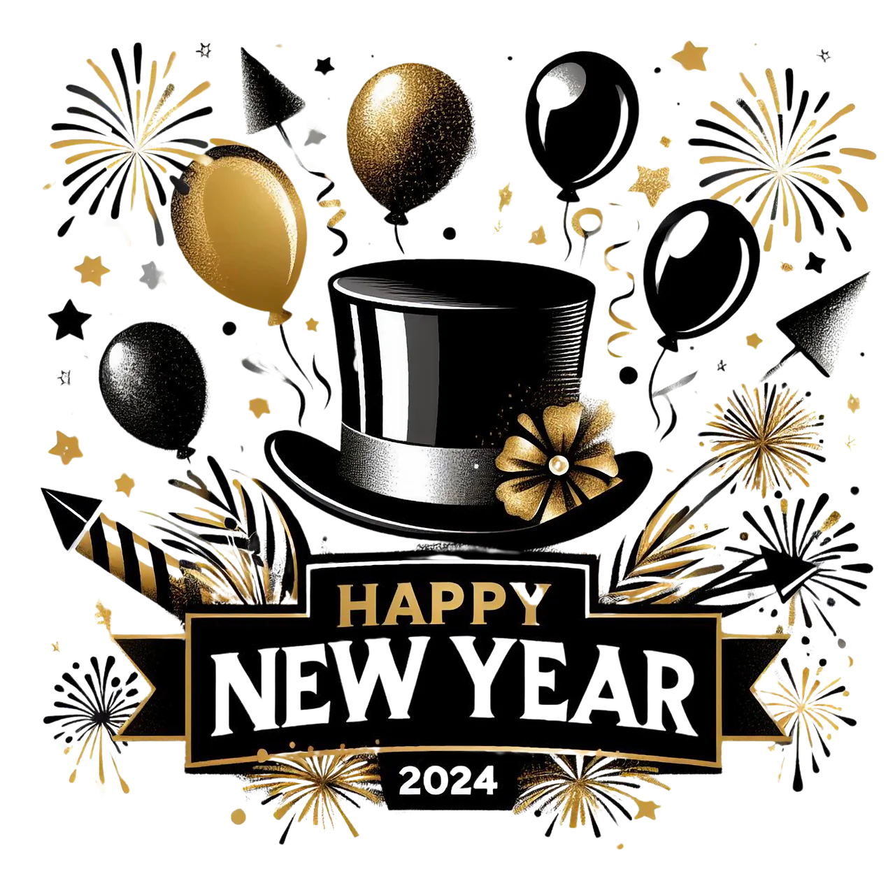 Elegant New Year 2024 Celebration Clipart with Classic Festive Elements
