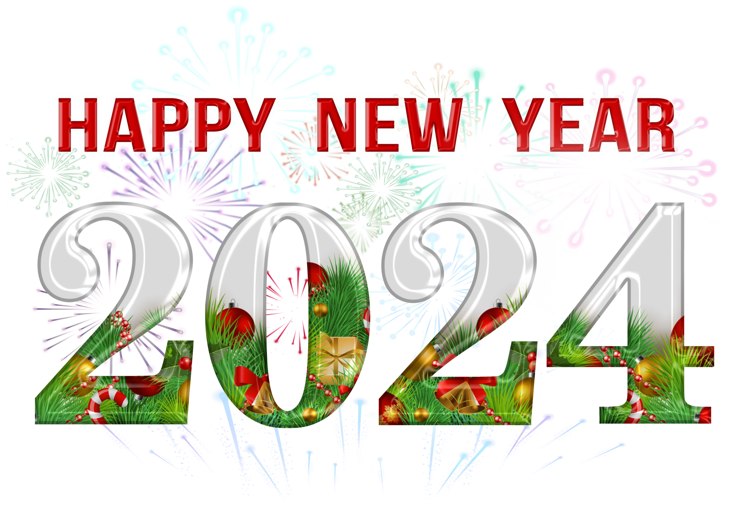 Festive Happy New Year 2024 Celebration Clipart with Decorative Typography