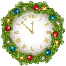 Festive New Year 2024 Countdown Clock Clipart with Ornamental Christmas Wreath Design