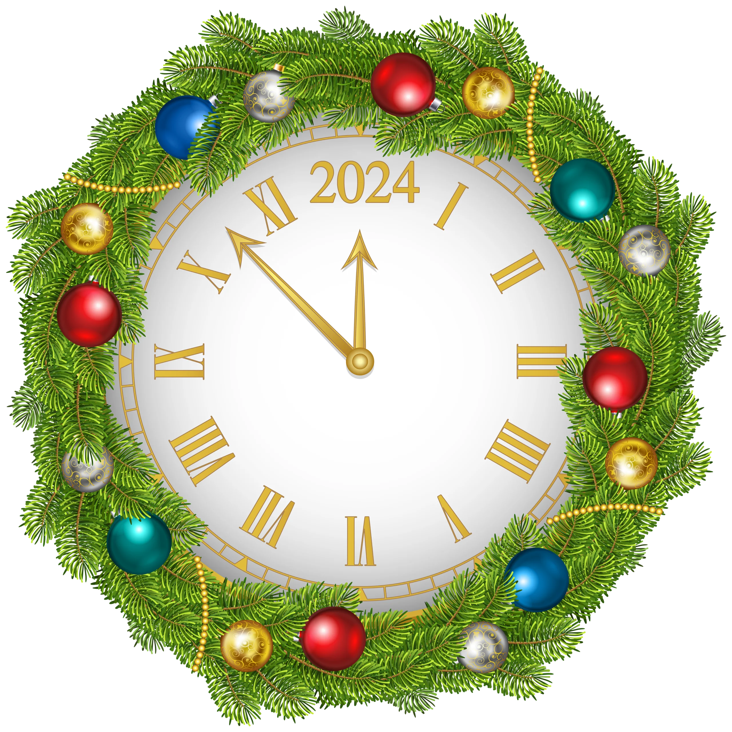 Festive New Year 2024 Countdown Clock Clipart with Ornamental Christmas Wreath Design