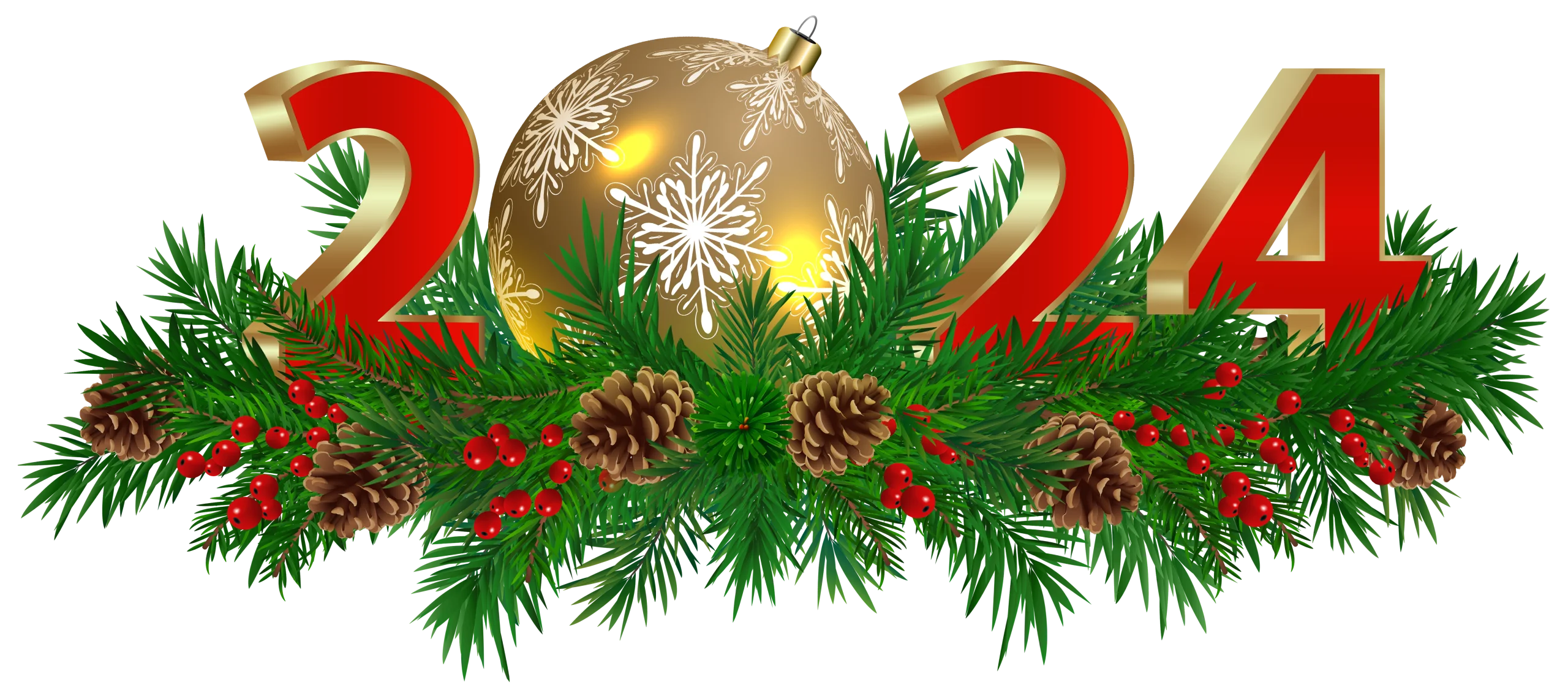 Festive New Year 2024 Holiday Clipart with Golden Ornament and Pine Decor