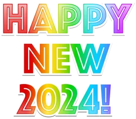 Festive Rainbow-Colored Happy New Year 2024 Celebratory Clipart Design