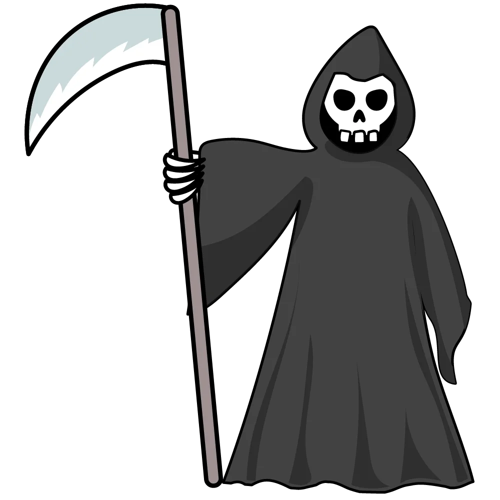 Monochromatic Grim Reaper Clipart: Skeletal Figure with Scythe in Dark Attire