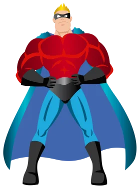 Muscular Superhero in Bold Red Costume with Blue Cape Clipart Illustration