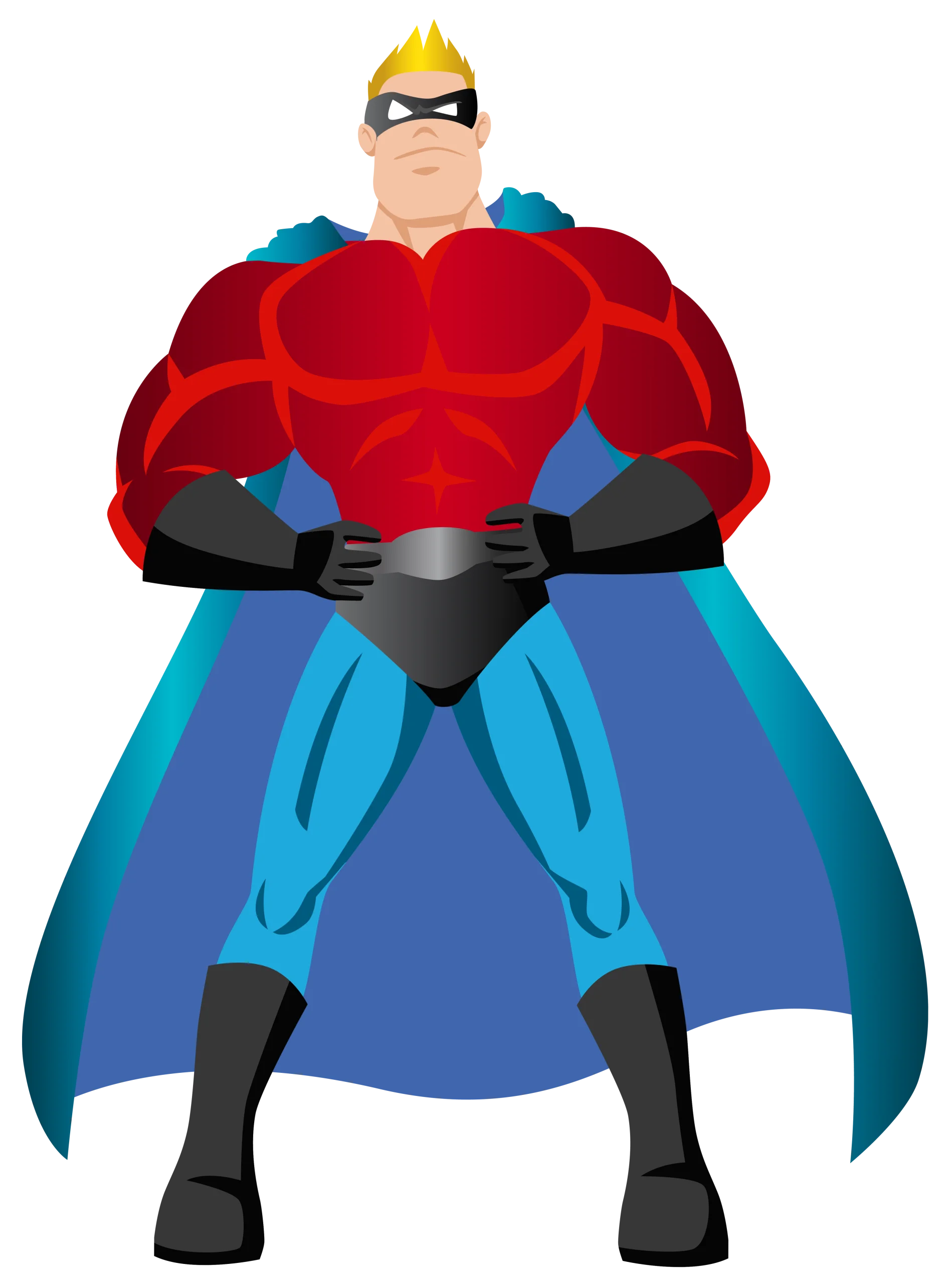 Muscular Superhero in Bold Red Costume with Blue Cape Clipart Illustration