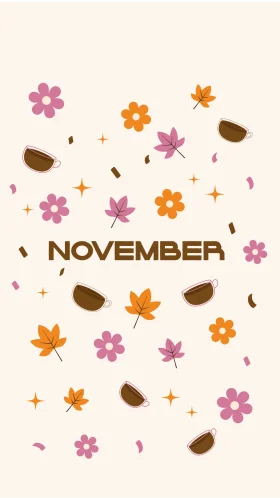 Charming November Seasonal Clipart with Autumn Leaves, Flowers, and Coffee Cups