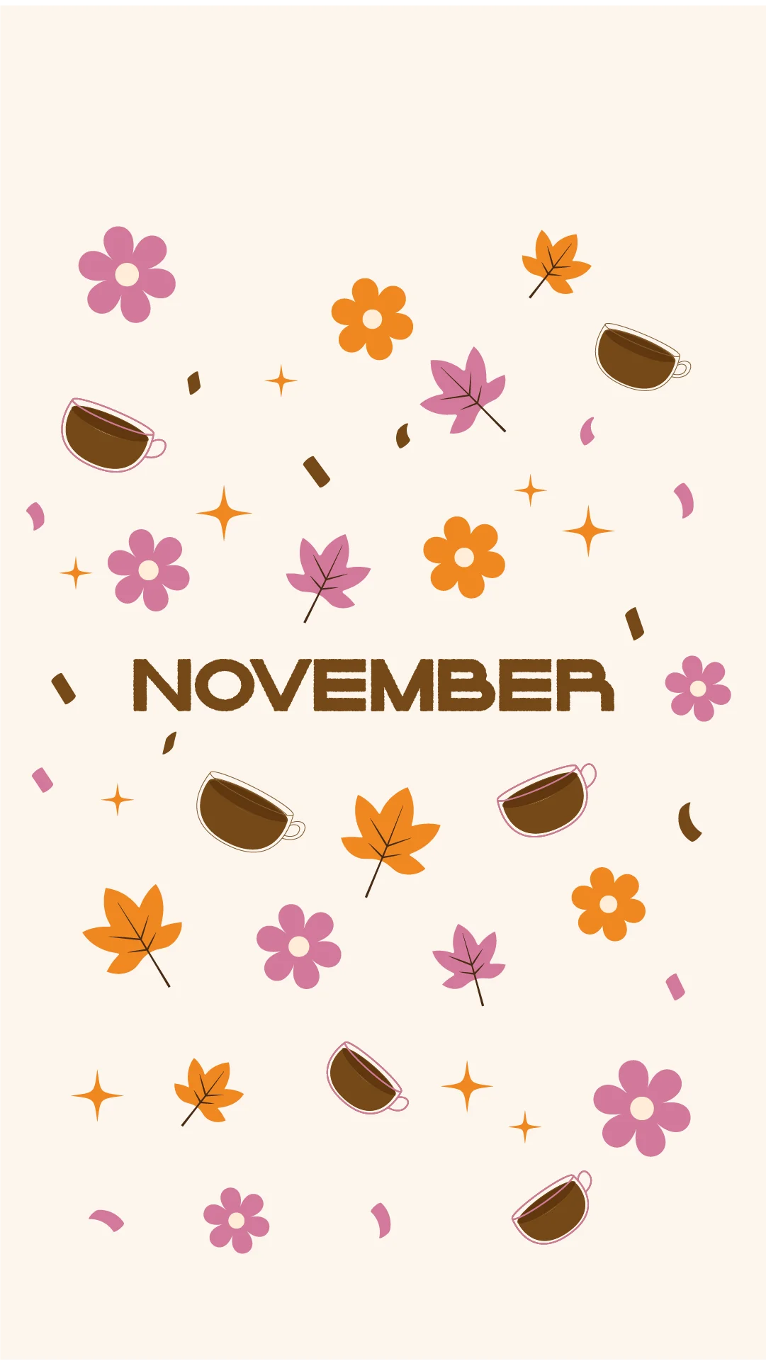 Charming November Seasonal Clipart with Autumn Leaves, Flowers, and Coffee Cups