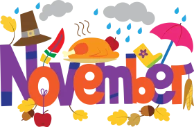 Cheerful November Seasonal Clipart with Playful Typography and Autumn Elements