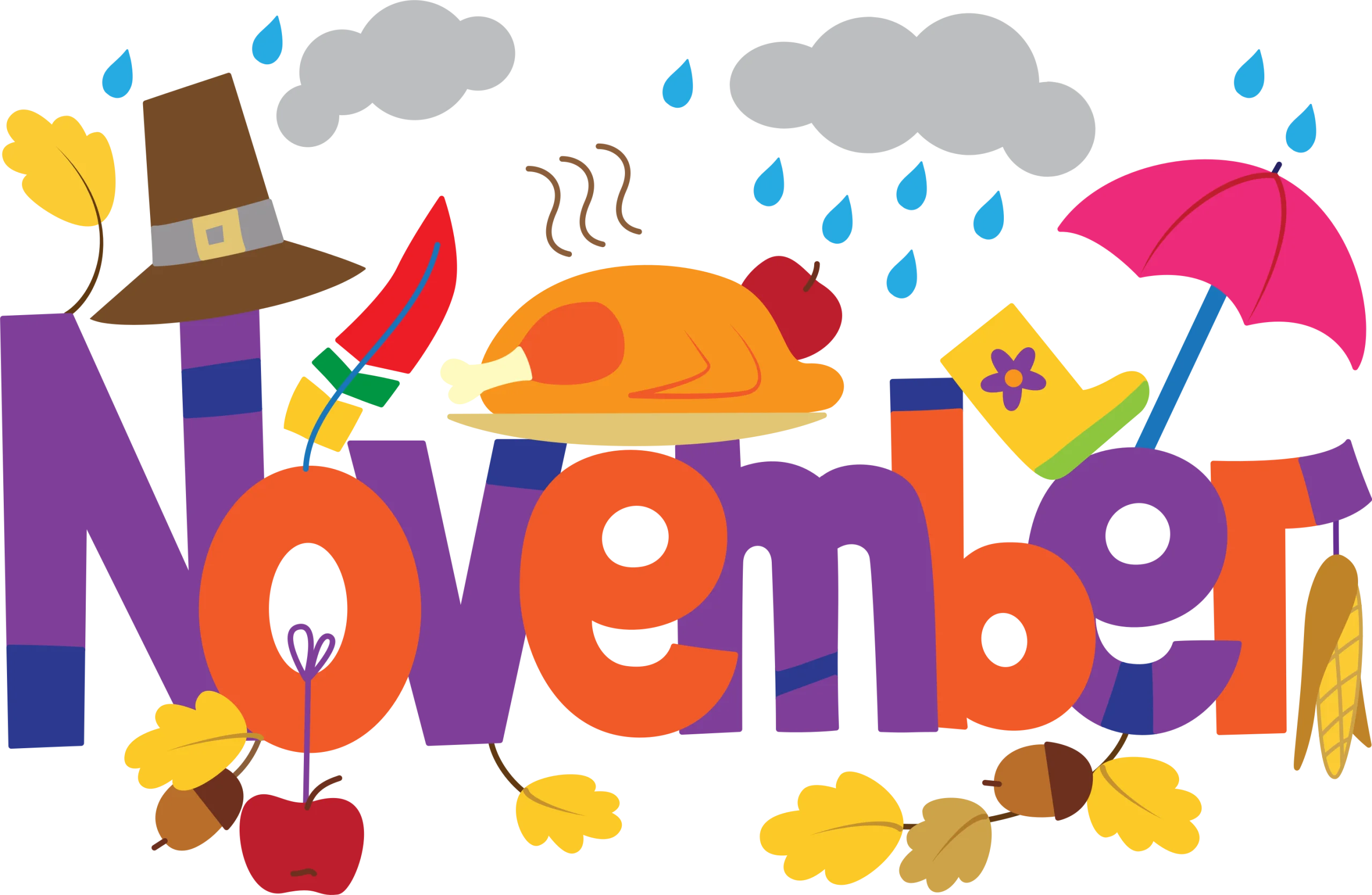 Cheerful November Seasonal Clipart with Playful Typography and Autumn Elements