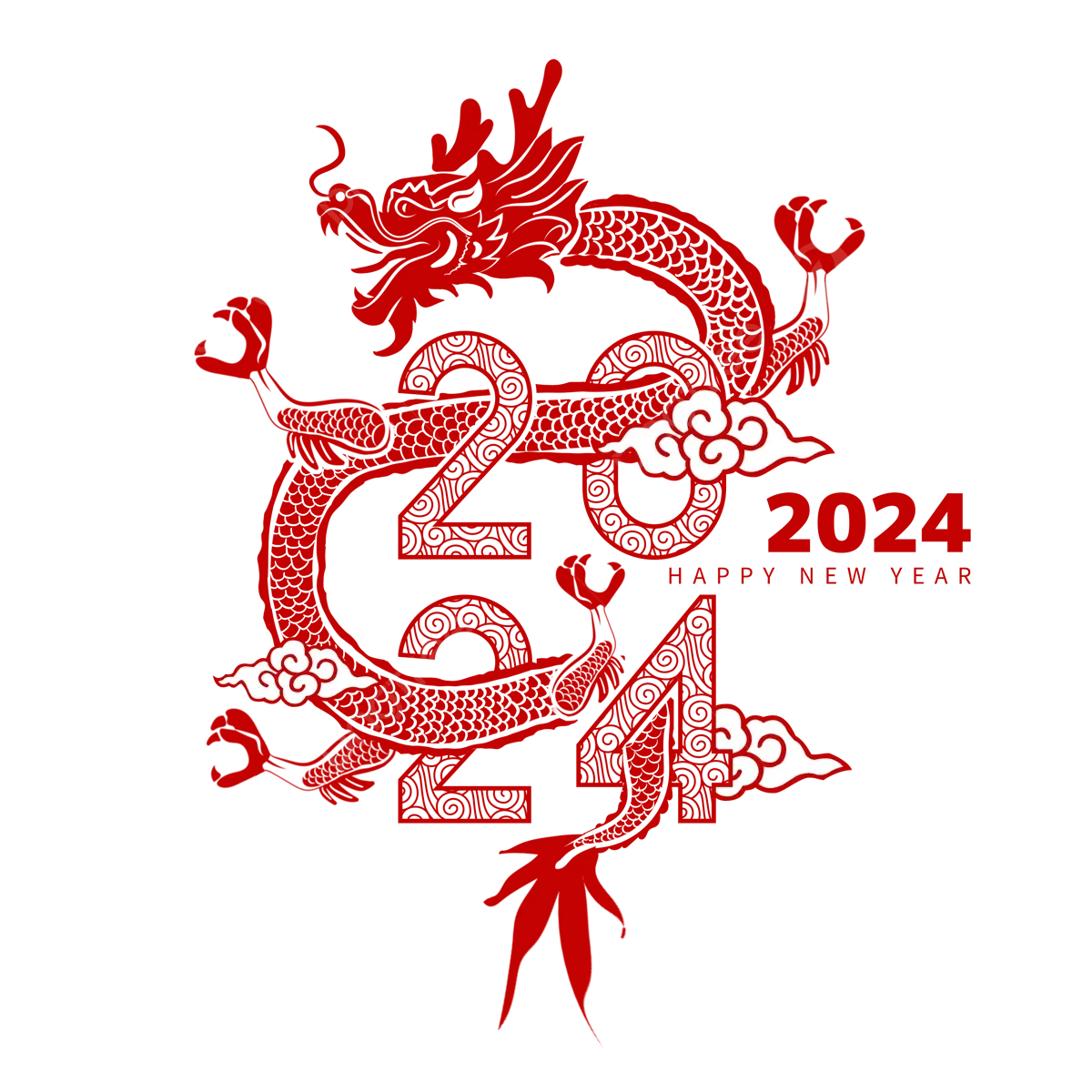 Elegant Red Chinese Dragon Celebrating 2024 New Year Festive Clipart Design