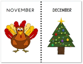Festive November Turkey and December Christmas Tree Seasonal Clipart Design