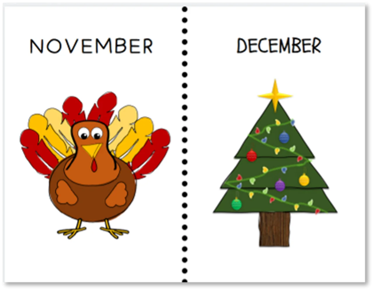 Festive November Turkey and December Christmas Tree Seasonal Clipart Design