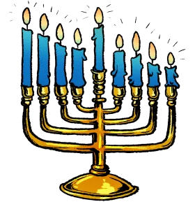 Traditional Hanukkah Menorah Clipart with Glowing Blue Candles and Golden Base