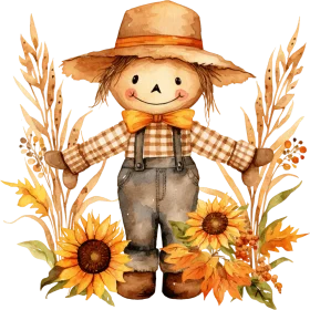 Charming Autumn Scarecrow Clipart Surrounded by Sunflowers and Wheat