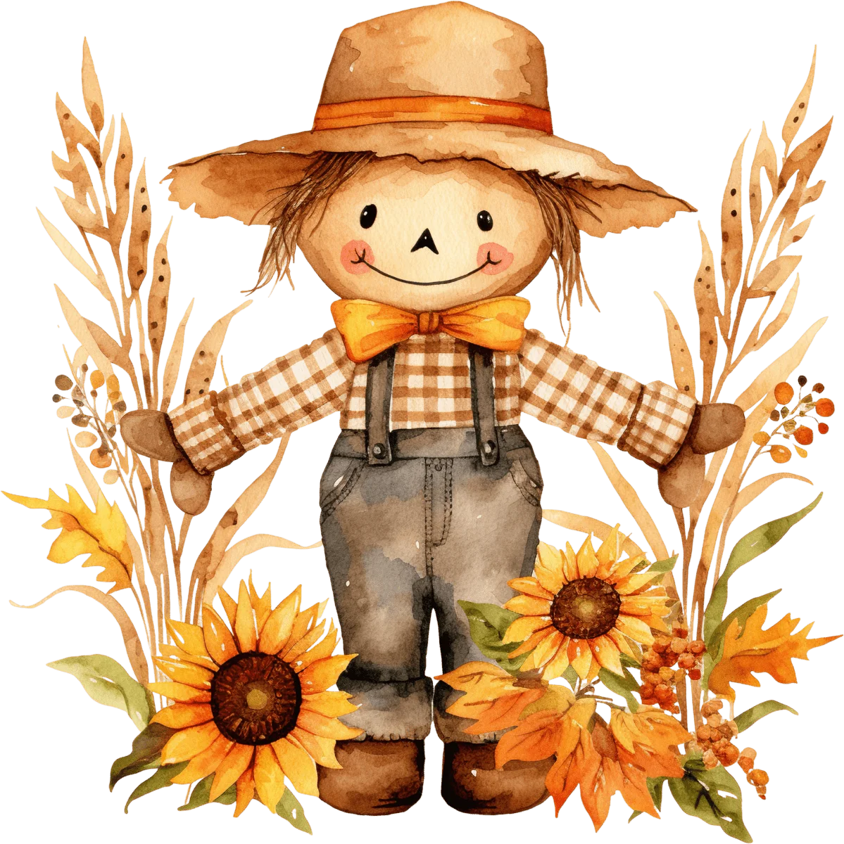 Charming Autumn Scarecrow Clipart Surrounded by Sunflowers and Wheat