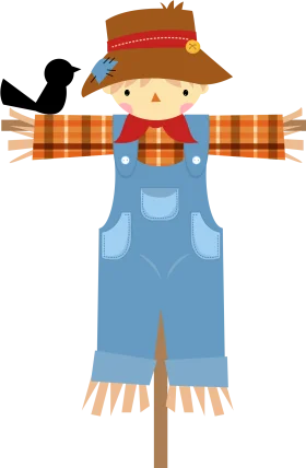 Charming Farmland Guardian Scarecrow Clipart with Playful Blackbird Companion