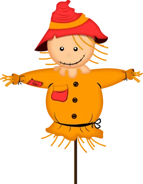 Cheerful Autumn Scarecrow Clipart with Bright Yellow Coat and Red Hat