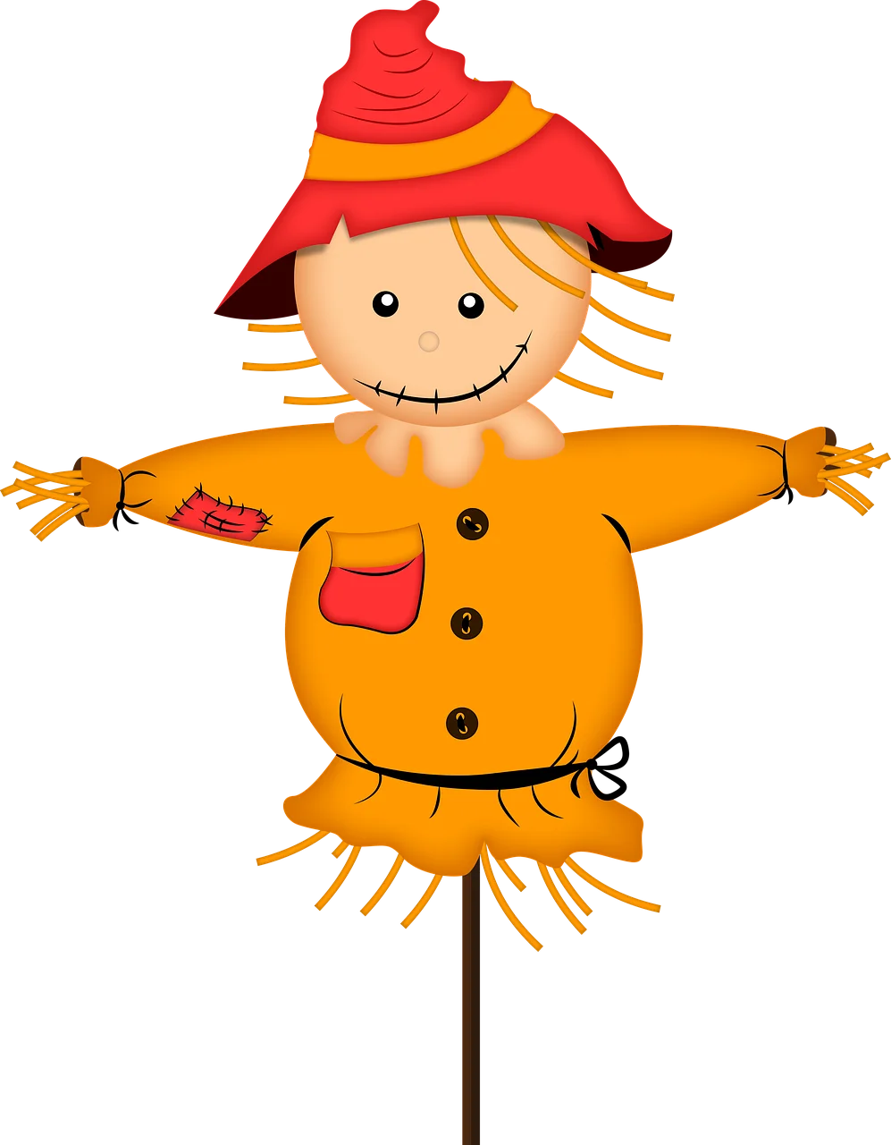 Cheerful Autumn Scarecrow Clipart with Bright Yellow Coat and Red Hat