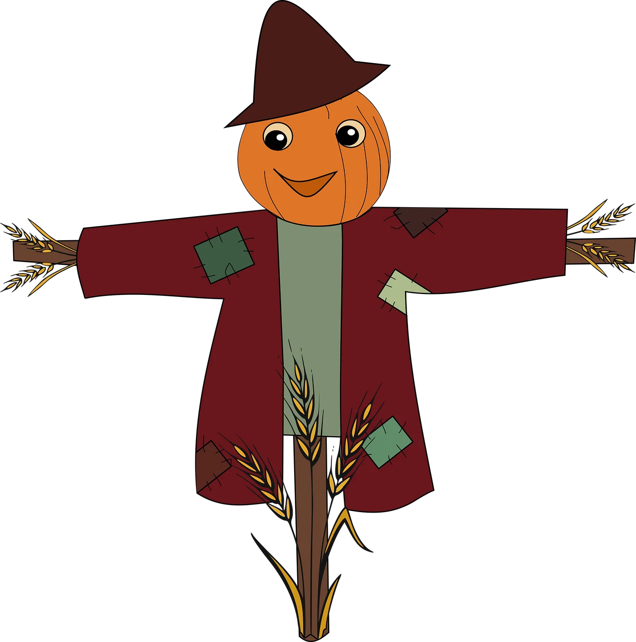 Cheerful Autumn Scarecrow Clipart with Playful Pumpkin Head and Rustic Attire