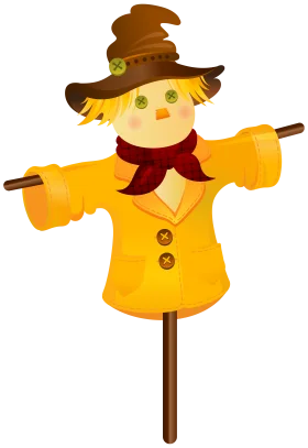 Cheerful Autumn Scarecrow Clipart with Warm Yellow Jacket and Brown Hat