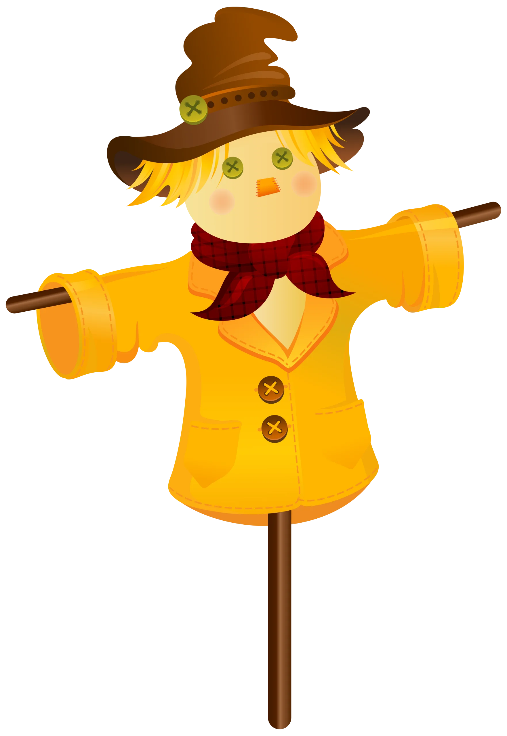 Cheerful Autumn Scarecrow Clipart with Warm Yellow Jacket and Brown Hat