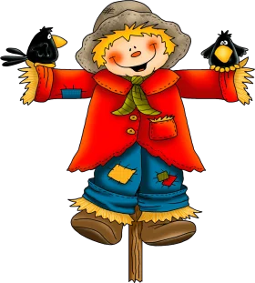 Cheerful Cartoon Scarecrow Clipart with Friendly Blackbirds on Wooden Pole
