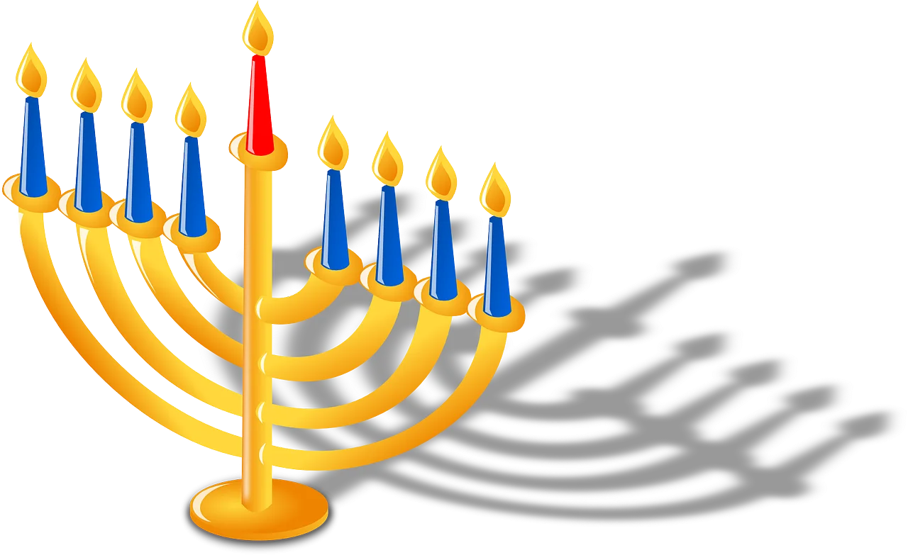 Elegant Golden Hanukkah Menorah Clipart with Blue Candles and Soft Shadows
