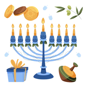 Festive Hanukkah Celebration Clipart with Menorah, Gifts, and Traditional Elements