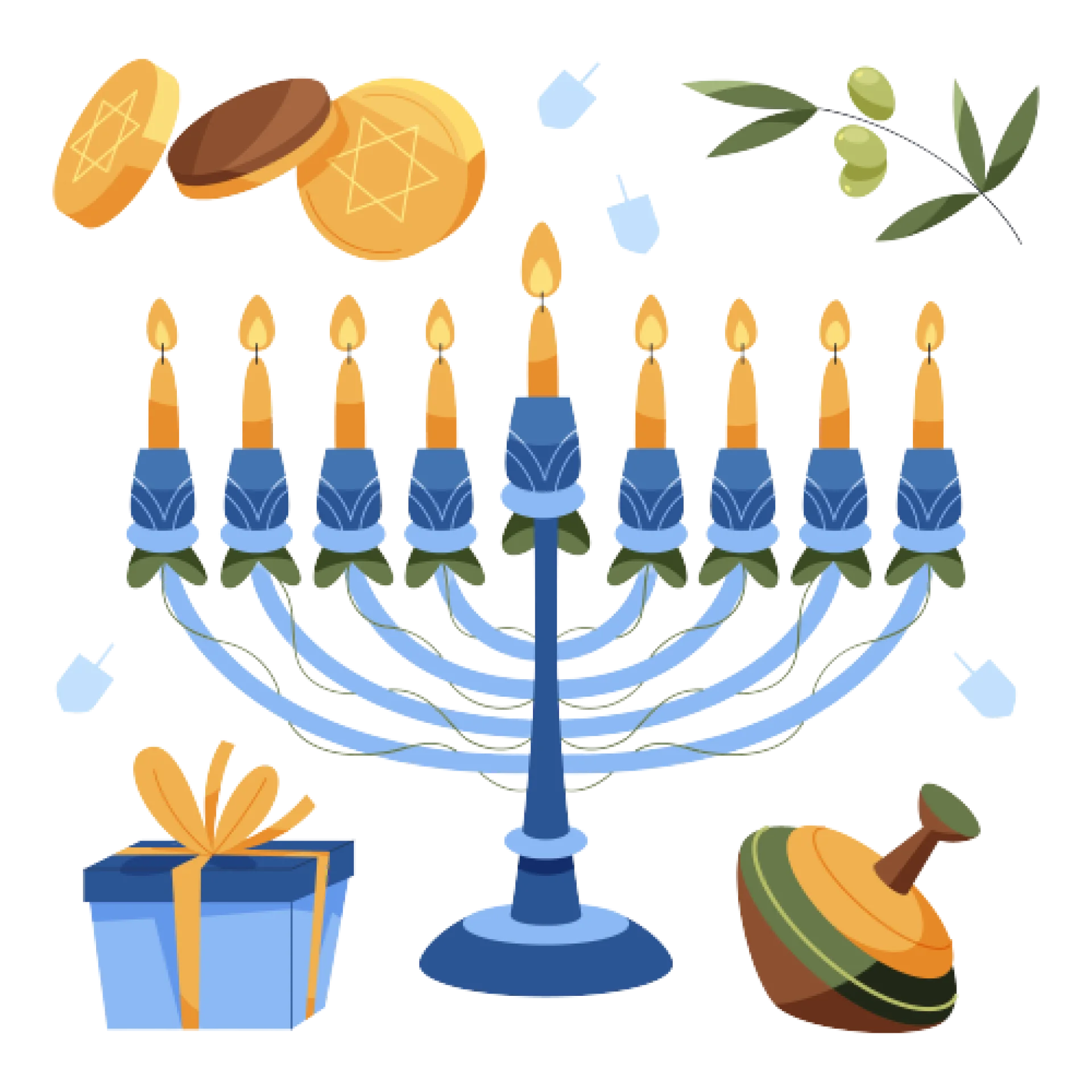 Festive Hanukkah Celebration Clipart with Menorah, Gifts, and Traditional Elements