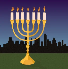 Golden Menorah Glowing Against City Skyline - Festive Hanukkah Clipart Design