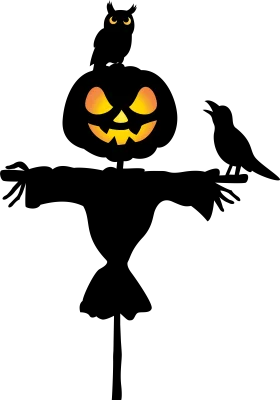 Haunting Halloween Scarecrow Clipart with Sinister Jack-o'-Lantern and Nocturnal Friends