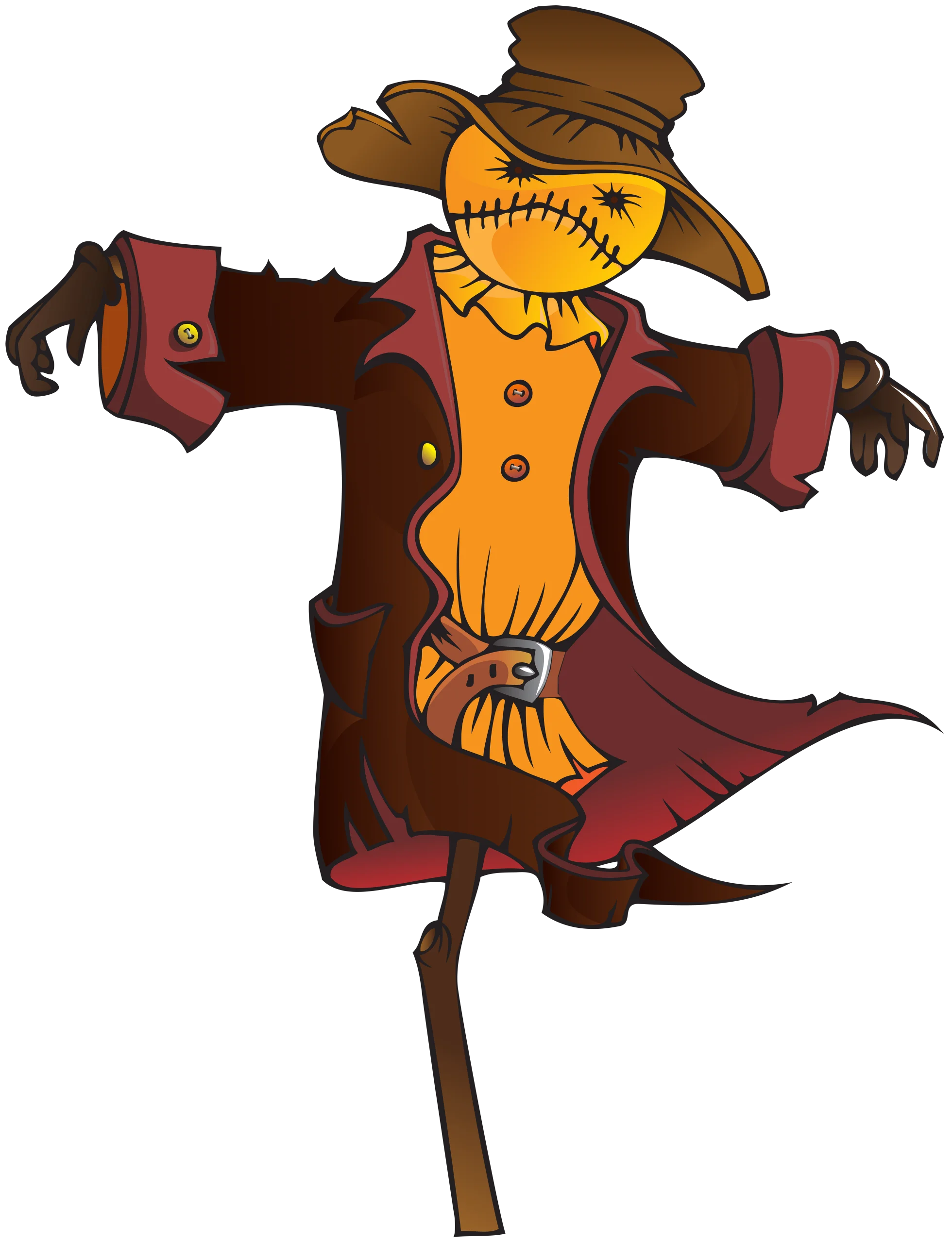 Spooky Autumn Scarecrow Clipart with Stitched Jack-o'-Lantern Face and Rustic Attire