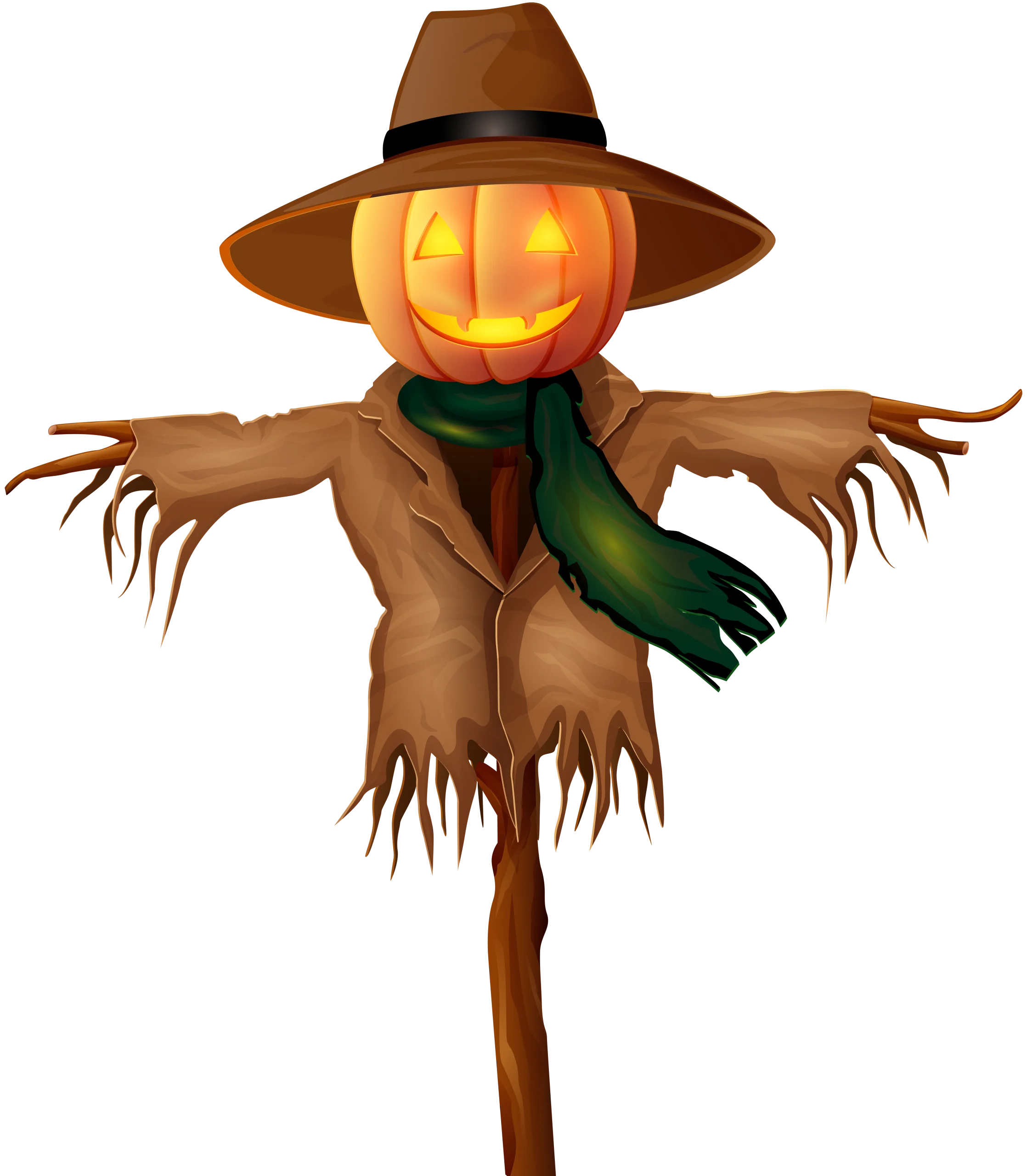 Spooky Halloween Scarecrow Clipart with Glowing Jack-o'-Lantern Head