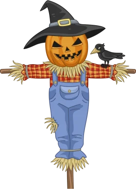 Spooky Halloween Scarecrow Clipart with Jack-o'-Lantern and Crow