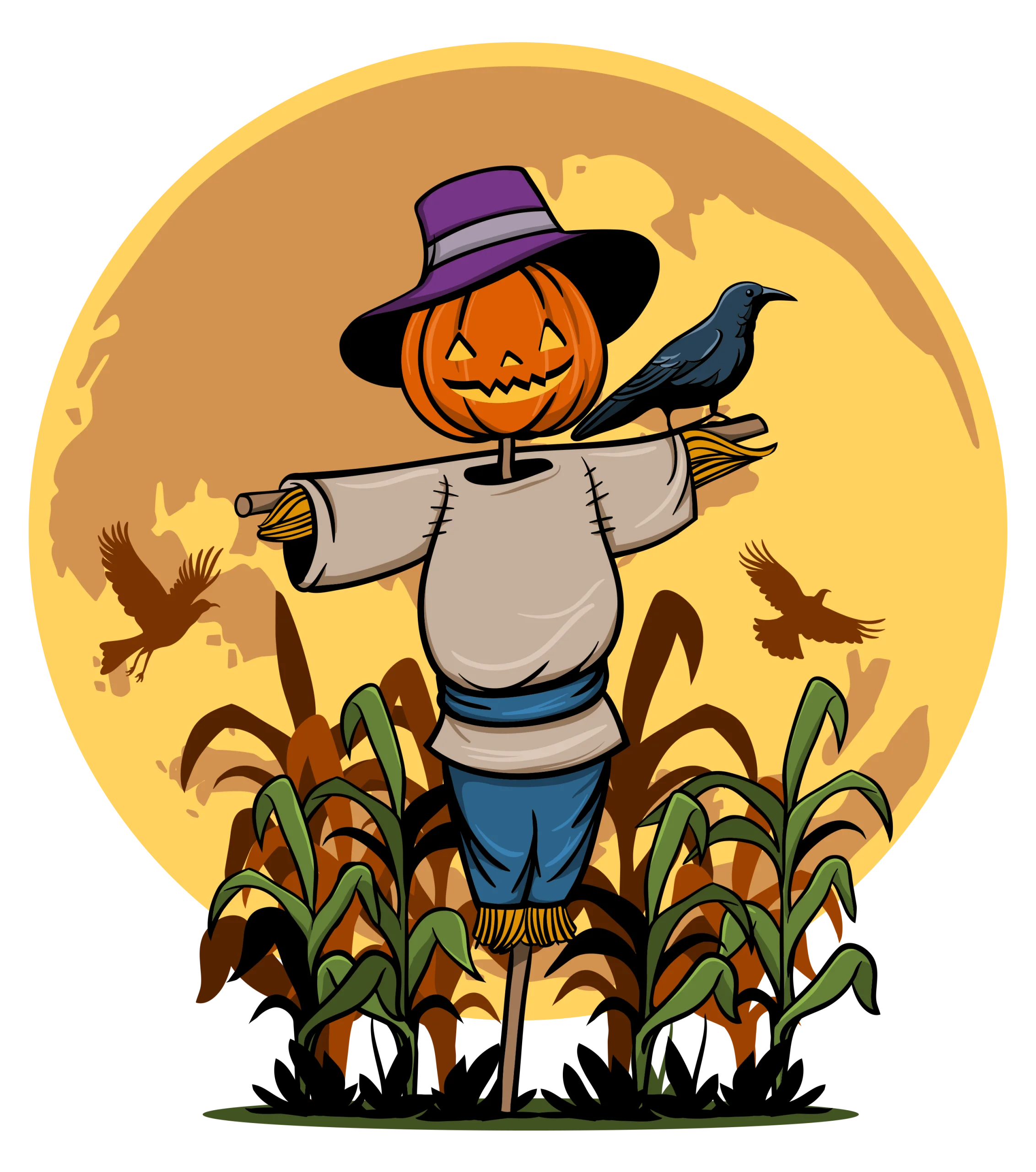 Spooky Halloween Scarecrow Clipart with Pumpkin Head and Crow Companions