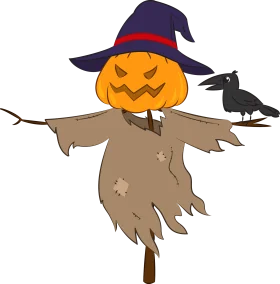 Spooky Halloween Scarecrow with Jack-o'-Lantern Head and Crow Clipart Illustration