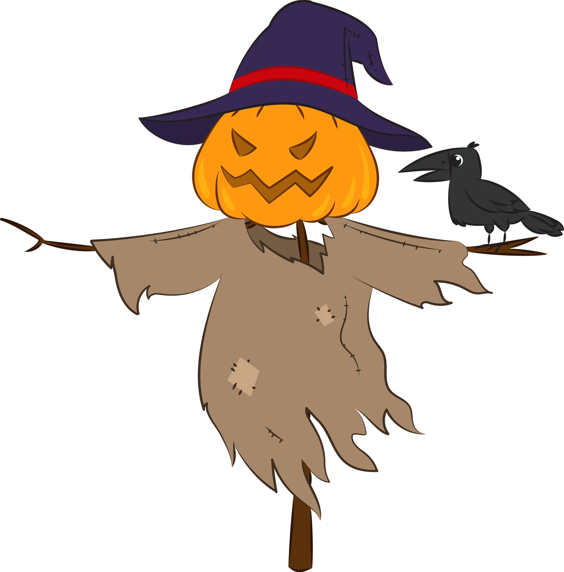 Spooky Halloween Scarecrow with Jack-o'-Lantern Head and Crow Clipart Illustration