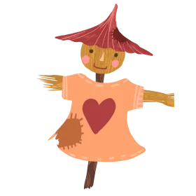 Whimsical Autumn Scarecrow Clipart with Heartwarming Orange Dress and Red Hat