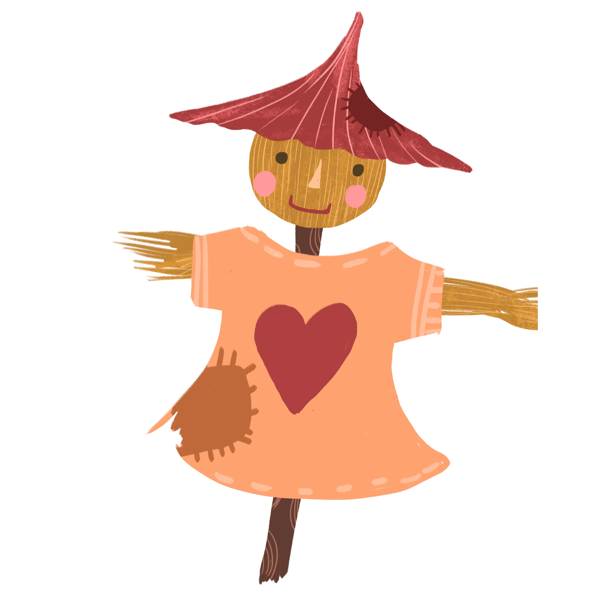 Whimsical Autumn Scarecrow Clipart with Heartwarming Orange Dress and Red Hat
