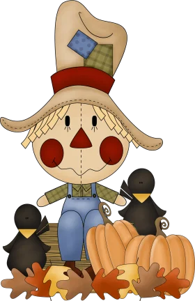 Whimsical Autumn Scarecrow Clipart with Pumpkins and Harvest Friends