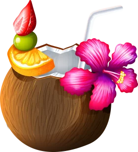 Tropical Paradise Coconut Cocktail Clipart with Exotic Fruit and Flower Decoration