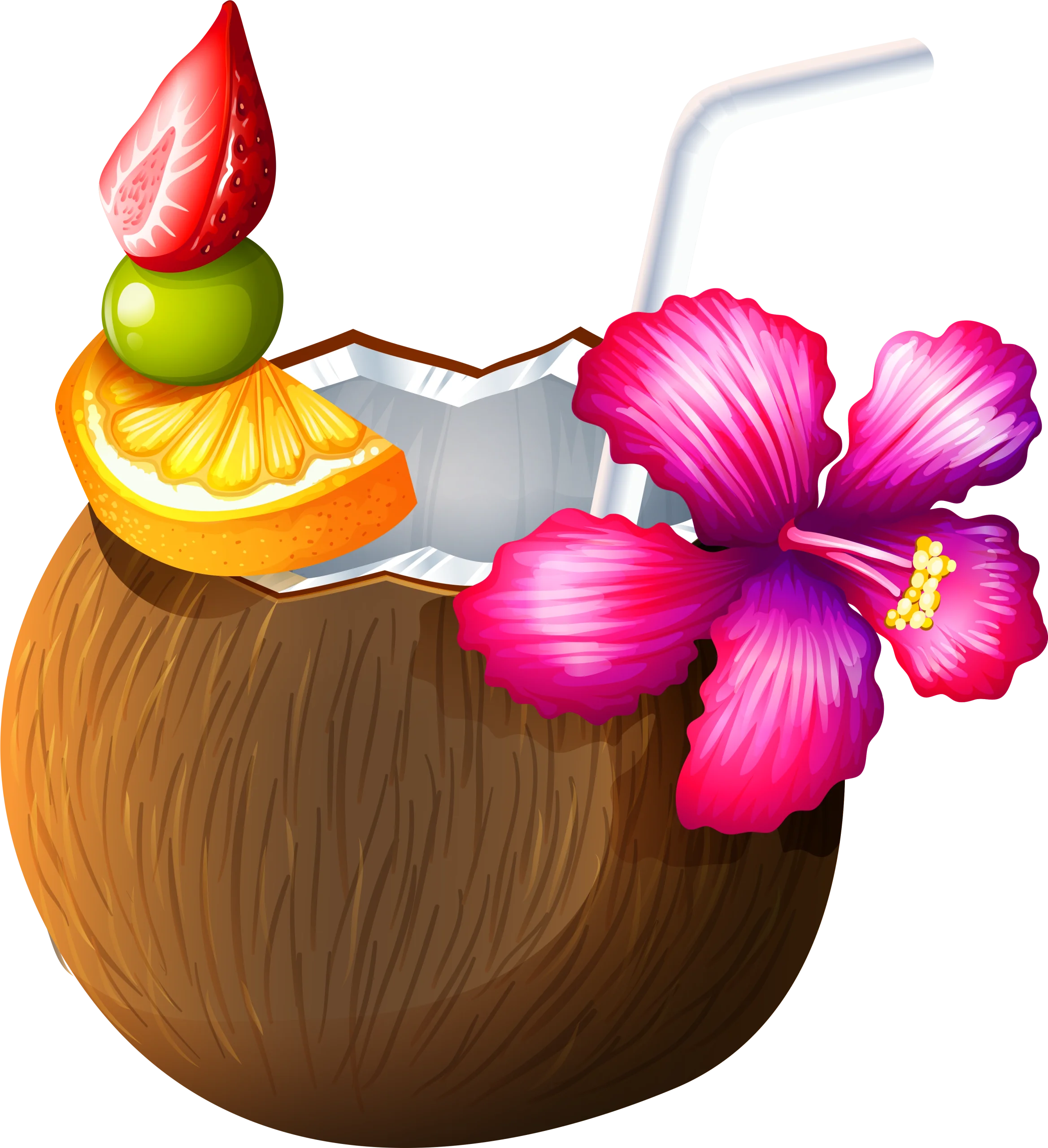 Tropical Paradise Coconut Cocktail Clipart with Exotic Fruit and Flower Decoration
