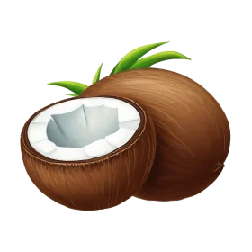Realistic Tropical Coconut Clipart with Soft Leaves and Cracked Shell