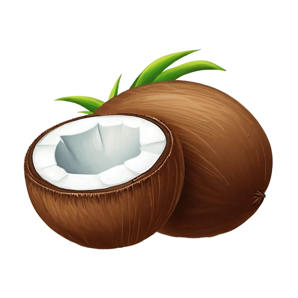 Realistic Tropical Coconut Clipart with Soft Leaves and Cracked Shell