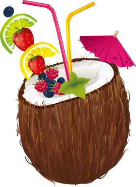 Tropical Paradise Coconut Cocktail Clipart: Fruity Summer Refreshment Illustration