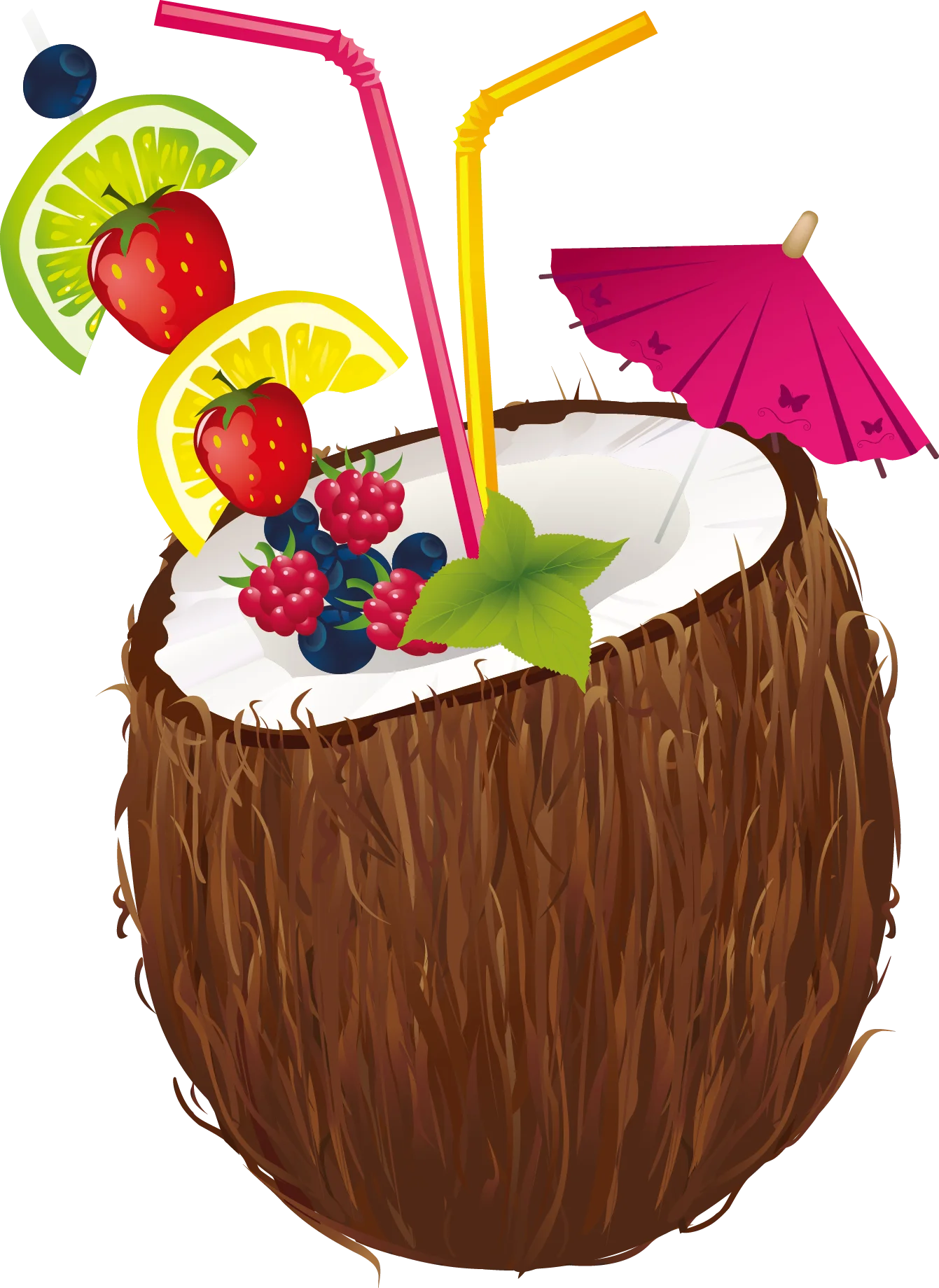 Tropical Paradise Coconut Cocktail Clipart: Fruity Summer Refreshment Illustration