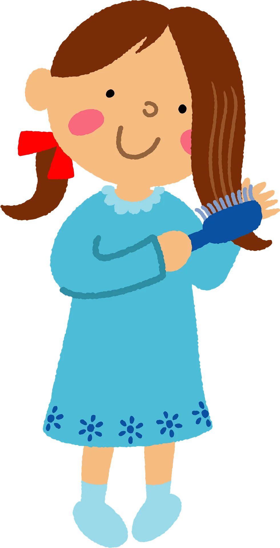 Adorable Cartoon Girl Brushing Hair Clipart: Styling with a Smile