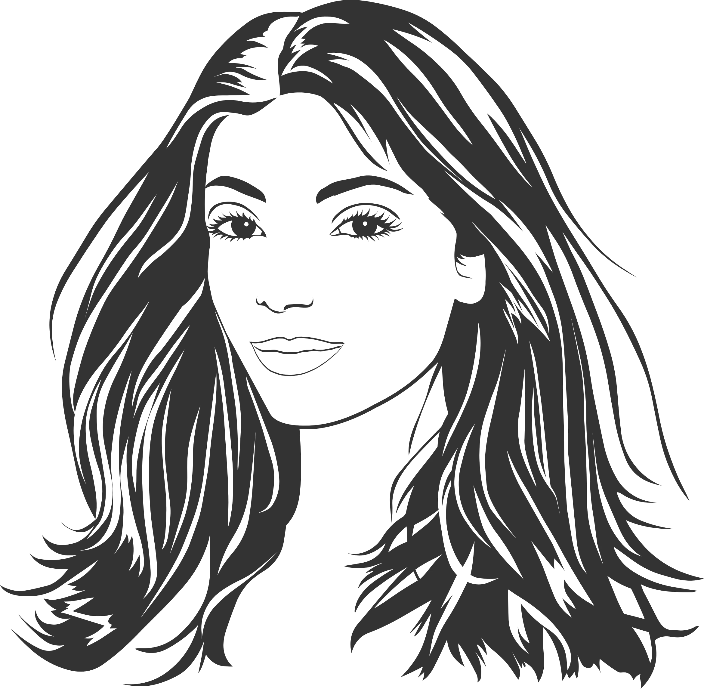 Elegant Black and White Female Portrait Clipart with Flowing Layered Hairstyle