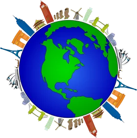 Global Unity Diversity Clipart: Iconic Landmarks Embracing Planet Earth