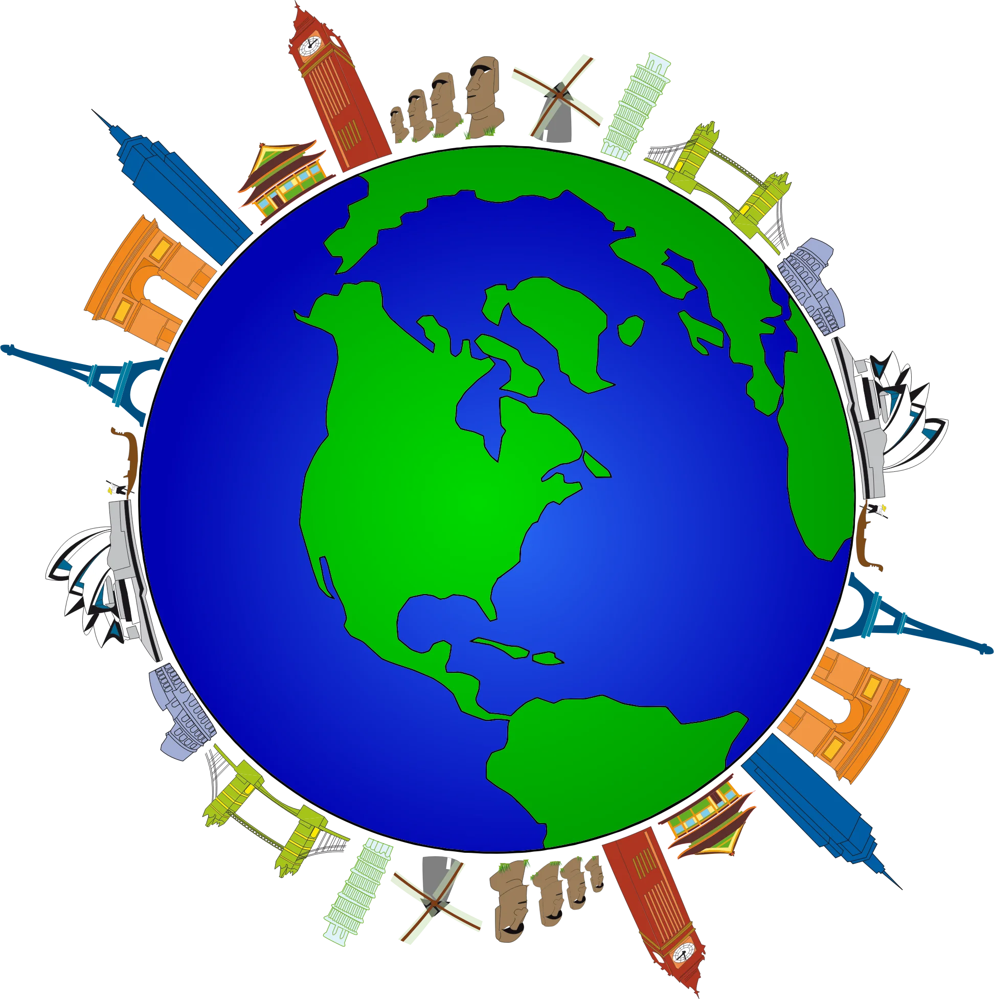 Global Unity Diversity Clipart: Iconic Landmarks Embracing Planet Earth